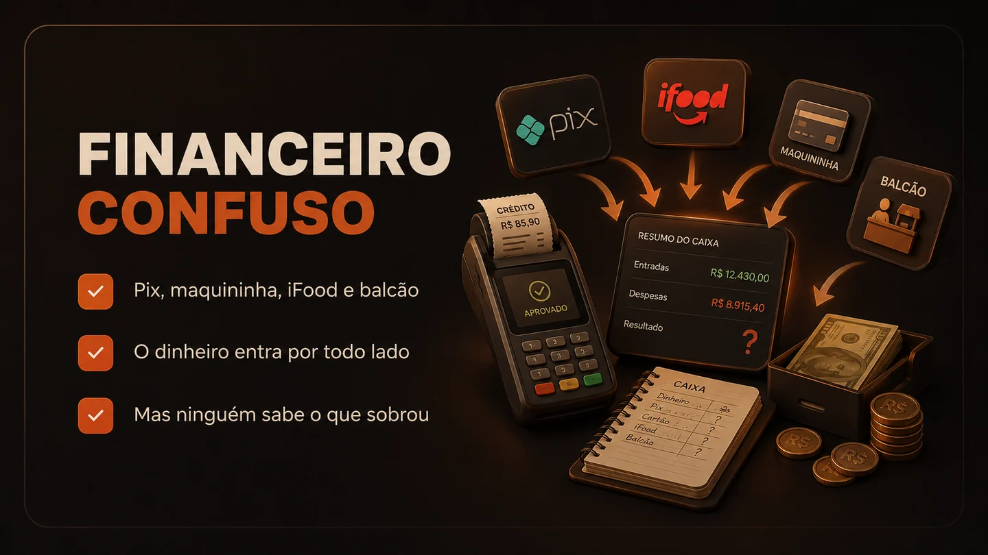 Financeiro confuso: Pix, maquininha, iFood e balcão entram por todo lado, mas ninguém sabe o que sobrou.
